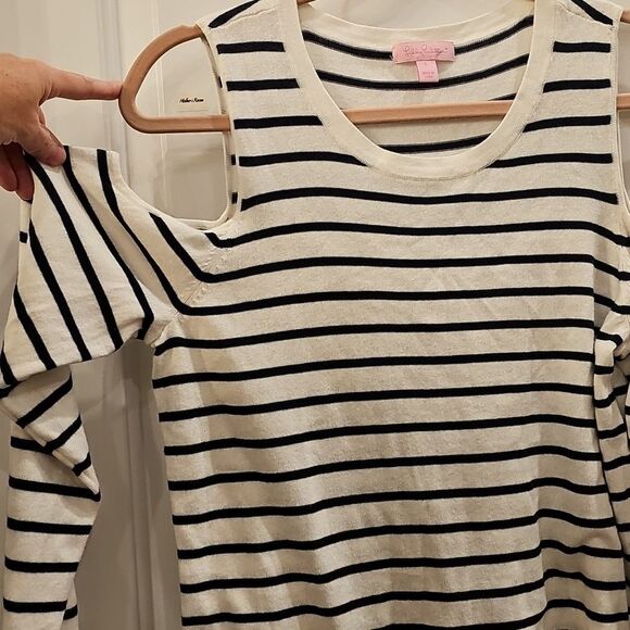 LILLY‎ PULITZER Women's L Cold Shoulder Breton Stripe Wool Blend Sweater Preppy - Picture 3 of 9